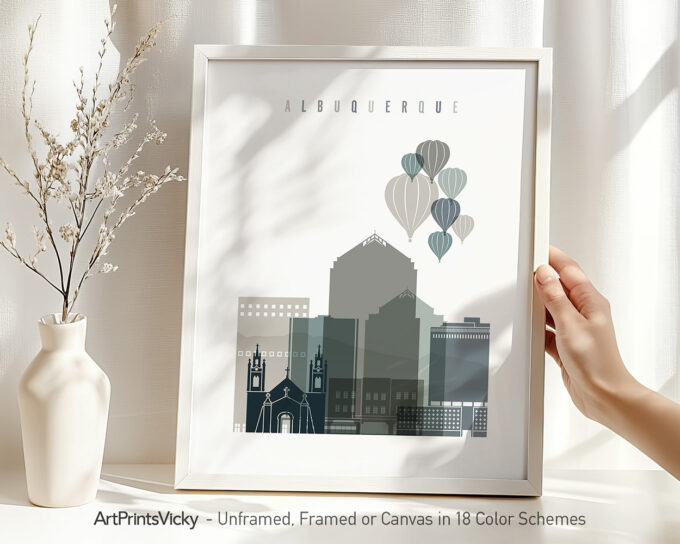 Art print featuring a stylized cityscape of Albuquerque with hot air balloons above.