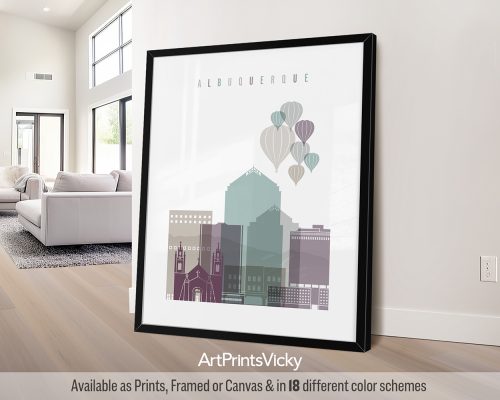 Albuquerque modern skyline wall art print featuring the Sandia Mountains, iconic landmarks, and vibrant cityscape in a cool and sophisticated Pastel 2 style by ArtPrintsVicky.