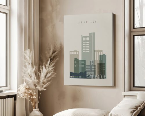 Stylized cityscape artwork featuring buildings and the word 'Amarillo' at the top.