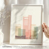 Art print featuring a stylized cityscape of Amarillo with pastel colors and geometric shapes.