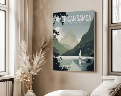 Artwork depicting American Samoa National Park with mountains and a sailboat on water.