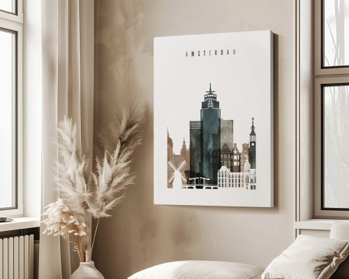 Art print of Amsterdam featuring buildings and a windmill in a minimalist style.