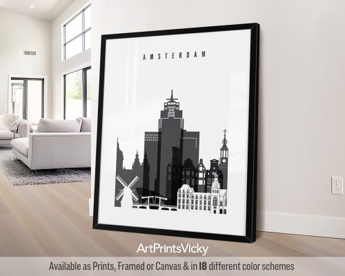 Black and white Amsterdam skyline art print by ArtPrintsVicky