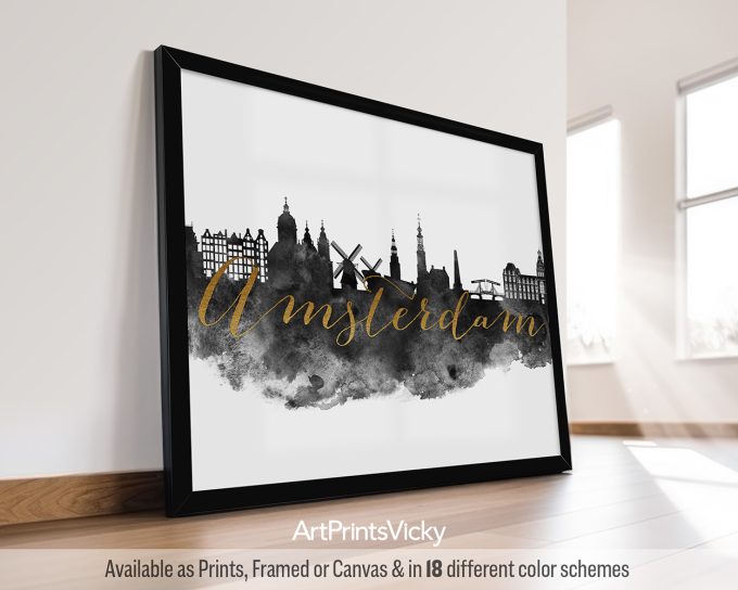 Art print featuring a silhouette of Amsterdam's skyline with the word 'Amsterdam' in gold lettering.