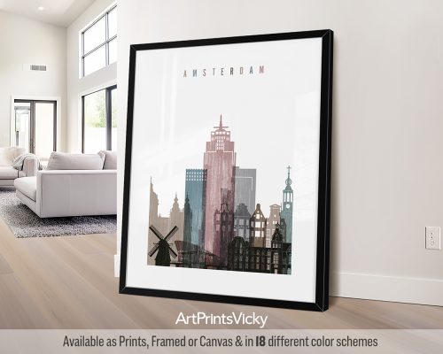 A "distressed 1" style art print of Amsterdam, featuring the city's architecture, and a textured, contemporary feel. Perfect for lovers of Amsterdam and modern, urban artwork by ArtPrintsVicky.