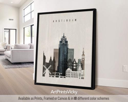 A "distressed 2" style art print of the Amsterdam skyline, featuring gabled houses, well known landmarks, and a beautifully textured vintage look. Perfect for lovers of Amsterdam and those who appreciate weathered, time-worn aesthetics by ArtPrintsVicky.