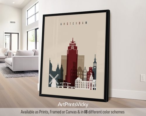 Amsterdam minimalist city print featuring iconic landmarks in Earth Tones 2 color palette by ArtPrintsVicky.