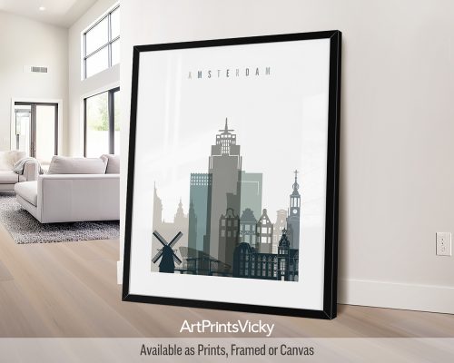 Amsterdam minimalist city print in cool Earth Tones 4. Features canal houses, bridges, and hints of Dutch Golden Age by ArtPrintsVicky