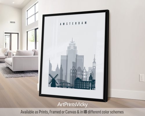 Amsterdam city poster in Grey Blue watercolor style by ArtPrintsVicky