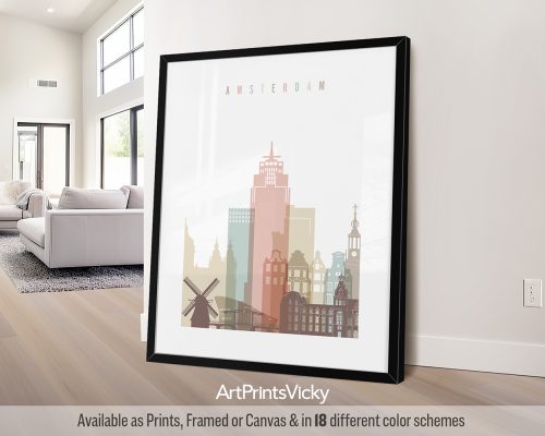 Amsterdam city poster in soft pastel white watercolor style by ArtPrintsVicky
