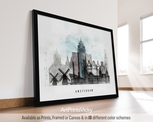 Amsterdam landscape skyline featuring iconic canals, charming architecture, and a vibrant cityscape in an Urban 1 style with bold lines, by ArtPrintsVicky.