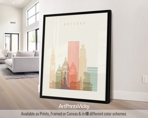 Antwerp skyline featuring landmarks like the Cathedral of Our Lady in a warm and inviting Pastel Cream palette by ArtPrintsVicky.