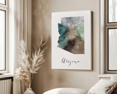 Artistic representation of the state of Arizona with watercolor effects and the word 'Arizona' at the bottom.