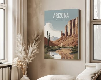 Art print depicting a desert landscape in Arizona with mountains and cacti.