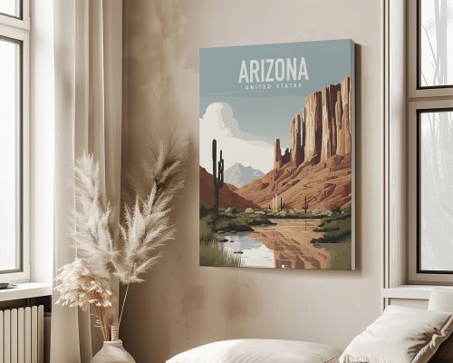 Art print depicting a desert landscape in Arizona with mountains and cacti.