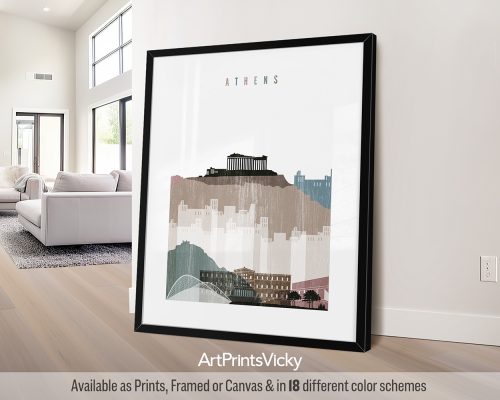 A distressed 1 style art print of Athens, featuring the Acropolis, historic architecture, and a textured, weathered aesthetic. Perfect for lovers of Athens, Greece, and ancient history by ArtPrintsVicky.