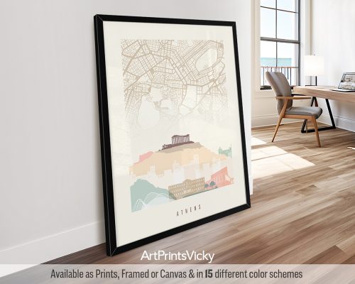 Athens city map with skyline poster in Pastel Cream theme by ArtPrintsVicky.