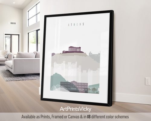 Athens skyline featuring the Acropolis, the Parthenon, and other landmarks in a cool and minimalist Pastel 2 palette, by ArtPrintsVicky.