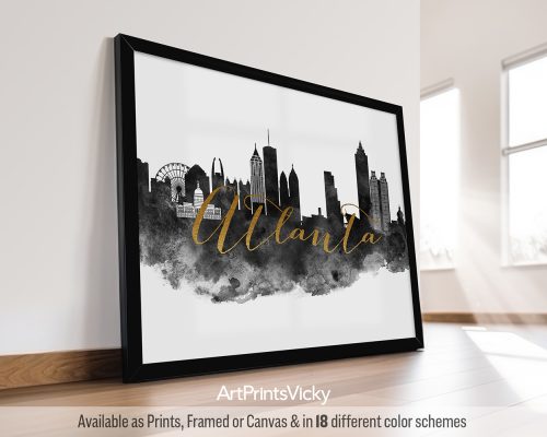 Black and white watercolor art print featuring a breathtaking view of the Atlanta landscape with iconic buildings like the Georgia State Capitol. The city's name is written in a bold faux gold font in the middle of the print. by ArtPrintsVicky.