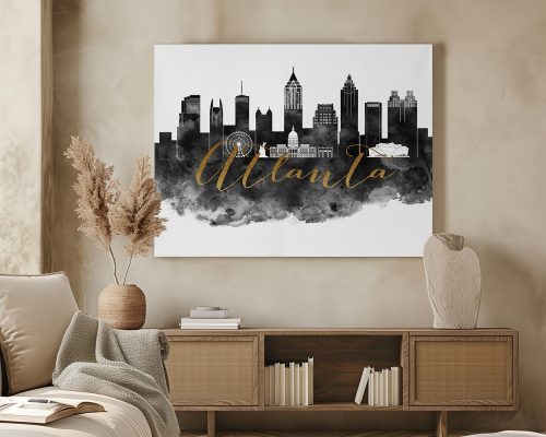 Artistic representation of the Atlanta city skyline with a watercolor effect and the word 'Atlanta' in gold.
