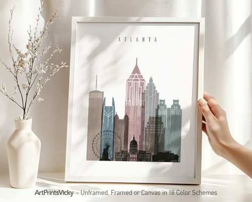 Art print of the Atlanta city skyline featuring notable buildings and structures in a minimalist style.