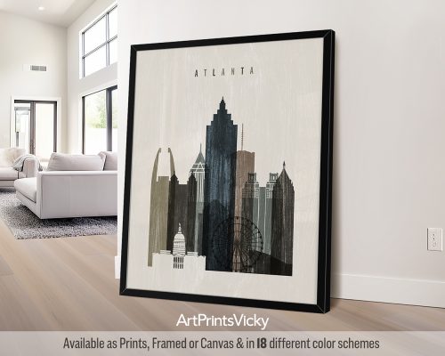 A "distressed 2" style art print of the Atlanta skyline, featuring iconic landmarks and a beautifully textured, vintage look. Perfect for lovers of Atlanta and weathered, time-worn aesthetics by ArtPrintsVicky.