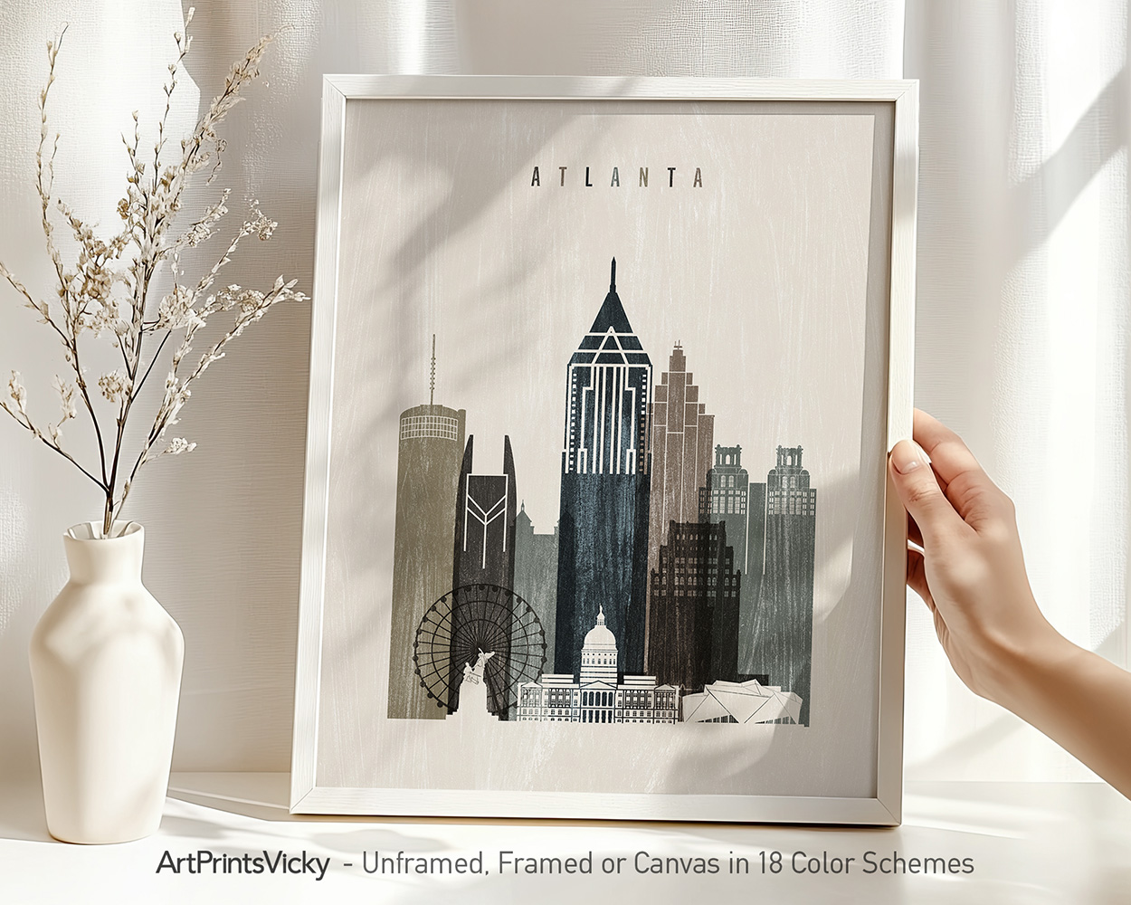 A "distressed 2" style art print of the Atlanta skyline, featuring iconic landmarks and a beautifully textured, vintage look. Perfect for lovers of Atlanta and weathered, time-worn aesthetics by ArtPrintsVicky.