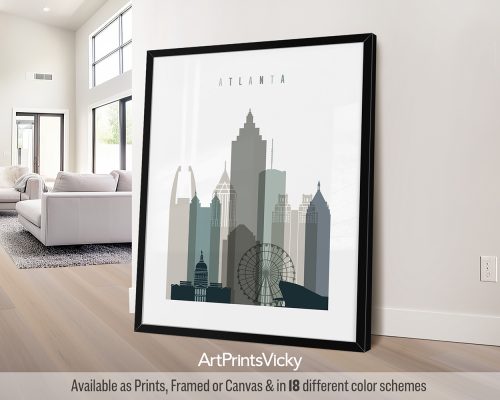 Atlanta minimalist city print in cool Earth Tones 4. Features modern skyline, historic landmarks, and Southern charm by ArtPrintsVicky