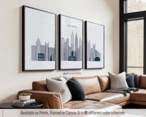 Atlanta skyline triptych featuring iconic skyscrapers and landmarks in a calming Grey Blue color palette, divided into three prints. by ArtPrintsVicky.
