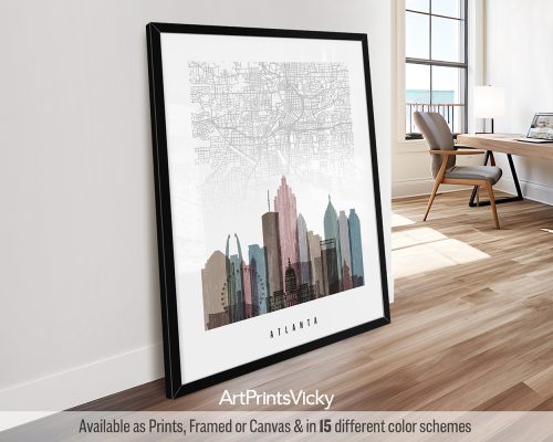 Atlanta map & skyline poster featuring the iconic landmarks, street layout, all rendered in a textured and vintage Distressed 1 style, by ArtPrintsVicky.