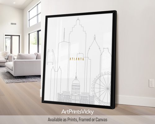 Atlanta city print featuring dark gray line art skyline with faux gold title "Atlanta" by ArtPrintsVicky.