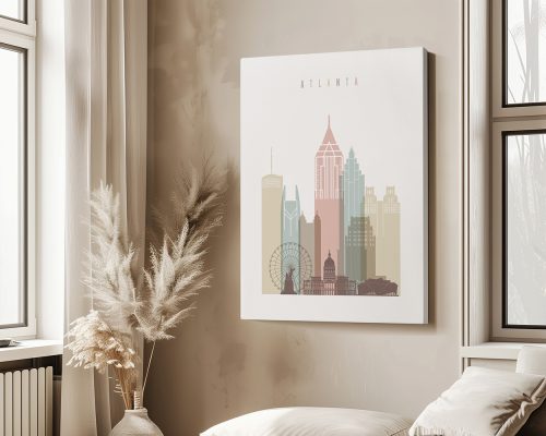 Art print of Atlanta skyline featuring various buildings and structures in muted colors.