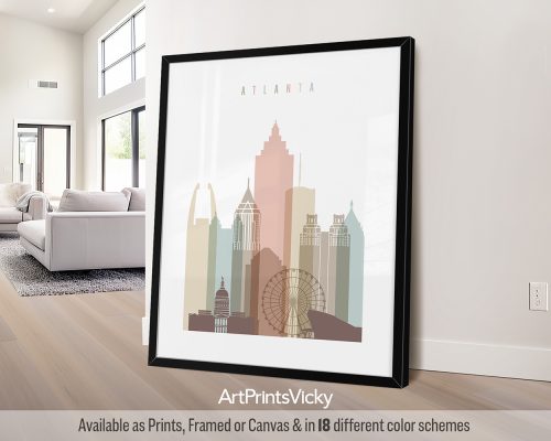 Atlanta city skyline poster featuring iconic landmarks in a soft pastel white color scheme by ArtPrintsVicky