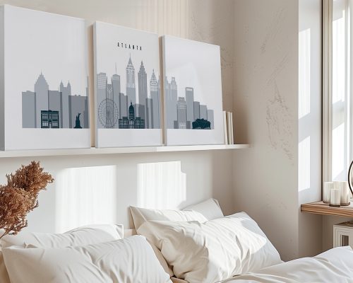 Three-panel art print of Atlanta skyline featuring notable buildings and landmarks.