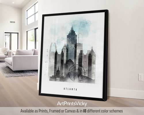 Atlanta city skyline print featuring iconic skyscrapers, vibrant cityscape, and urban sprawl in a bold Urban 1 style with strong lines, by ArtPrintsVicky.