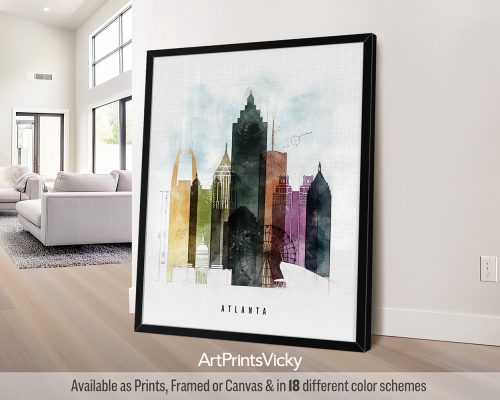 Atlanta skyline featuring iconic landmarks and skyscrapers in a bold, geometric Urban 2 style with vibrant colors, by ArtPrintsVicky.