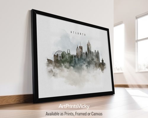 Minimalist Atlanta cityscape art print featuring iconic landmarks and skyline in a soft watercolor painting style, by ArtPrintsVicky.