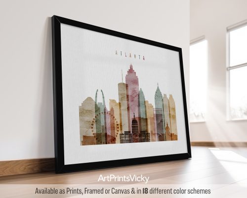 Atlanta landscape skyline featuring iconic landmarks and a vibrant cityscape in a warm and textured Watercolor 1 style, by ArtPrintsVicky.