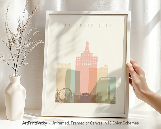 Art print featuring a stylized illustration of Atlantic City with buildings and a Ferris wheel.