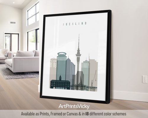 Auckland skyline featuring iconic landmarks and coastal setting in a calming Cool Earth Tones 4 palette by ArtPrintsVicky.