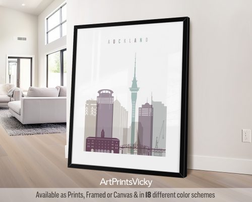 Auckland skyline featuring iconic landmarks and coastal setting in a cool, minimalist Pastel 2 palette by ArtPrintsVicky.