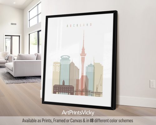 Pastel white Auckland city skyline poster featuring iconic landmarks by ArtPrintsVicky