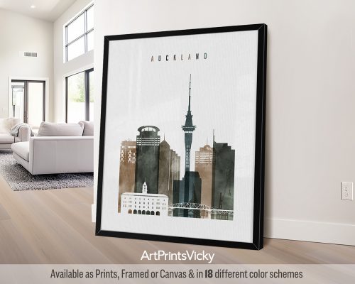 Auckland skyline featuring iconic landmarks in a rich and expressive Earthy Watercolor 2 style, by ArtPrintsVicky.