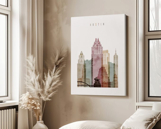 Artistic representation of Austin's skyline with various building silhouettes in muted colors.