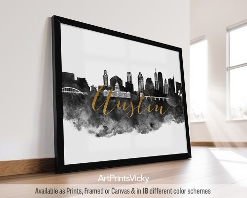 Black and white Austin skyline poster with gold lettering, by ArtPrintsVicky