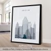 Framed artwork of the Austin city skyline featuring notable buildings and structures.