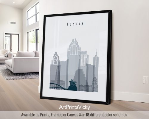Austin city poster in Grey Blue watercolor style by ArtPrintsVicky