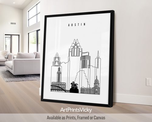 Black outline minimalist Austin skyline print by ArtPrintsVicky