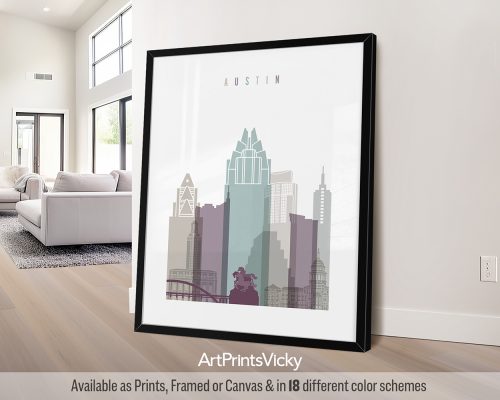 Austin minimalist city print featuring iconic landmarks, vibrant cityscape, and bridges, rendered in a cool and sophisticated Pastel 2 style. by ArtPrintsVicky.