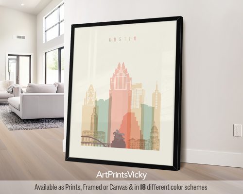 Austin city skyline print in a warm Pastel Cream color theme by ArtPrintsVicky